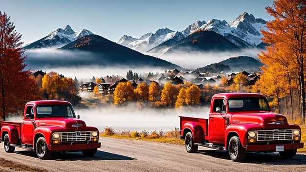 Paysage d'une camionnette rouge à l'arrière-plan d'un village pittoresque dans les montagnes