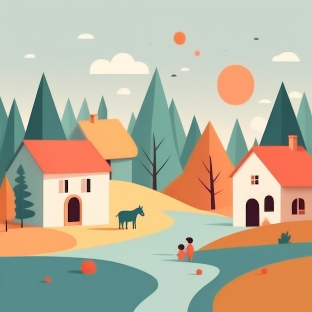 Photo paysage de campagne de dessin animé avec une petite maison et un chien paysage de paysage de cartoon avec