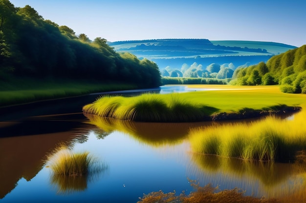 Paysage de campagne d'été avec ciel bleu et eau calme de la rivière