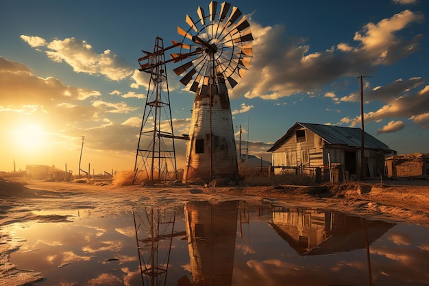 un paysage de campagne avec une grange et un moulin à vent se reflétant dans une flaque d'eau au coucher du soleil