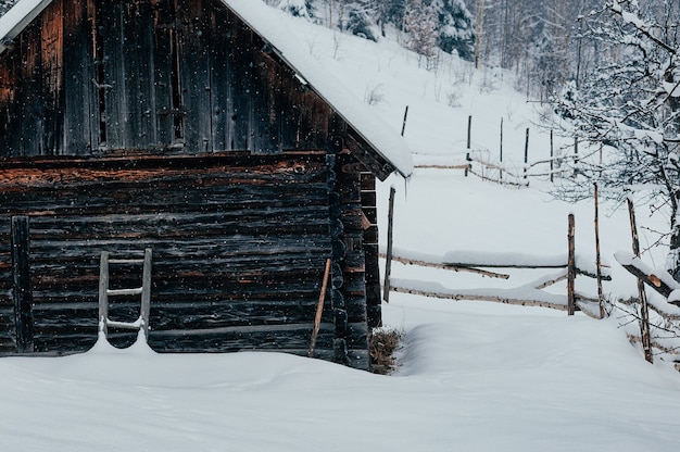 Paysage de campagne d'hiver maison de magasin en bois enneigée Scène hivernale paisible pittoresque