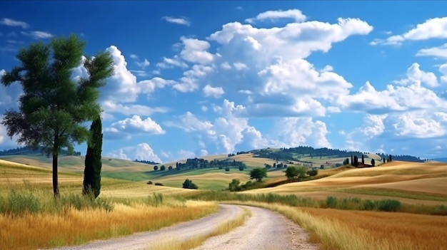 Paysage de campagne avec vue panoramique sur le ciel bleu de la route rurale