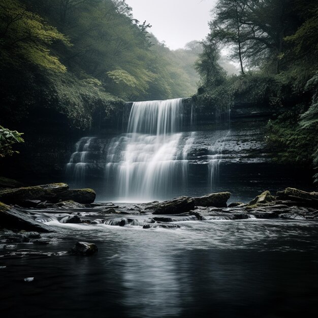 Paysage de cascade couvert et maussade