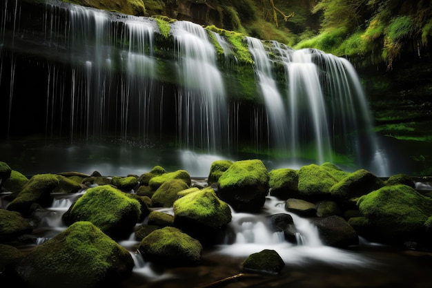 Paysage de cascade avec des rochers recouverts de mousse verte