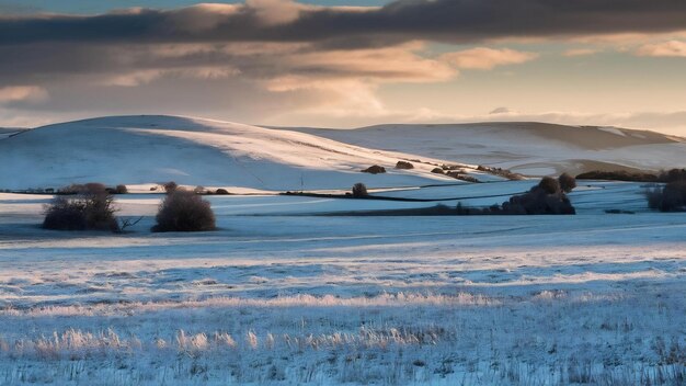 Photo paysage d'un champ couvert de neige avec des collines sous la lumière du soleil
