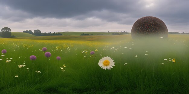 Paysage d'un champ de fleurs sauvages contre un ciel nuageux orageux