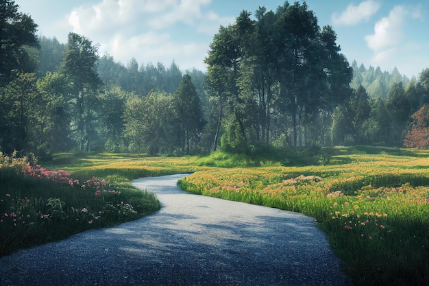 Paysage d'un champ vert avec des fleurs et des buissons d'arbres et une rivière sous un ciel bleu avec des nuages duveteux illustration 3d