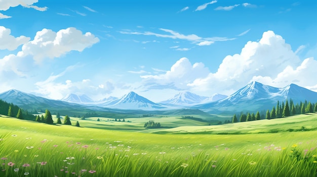 paysage avec champ vert et montagne en une journée avec ciel bleu et nuage blanc AI générative