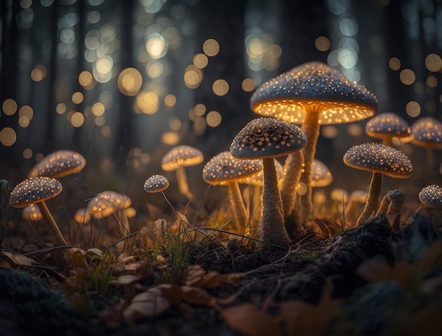 Paysage de champignons fantastique dans la forêt créé avec la technologie Generative AI