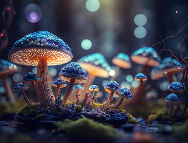 Paysage de champignons fantastique dans la forêt créé avec la technologie Generative AI