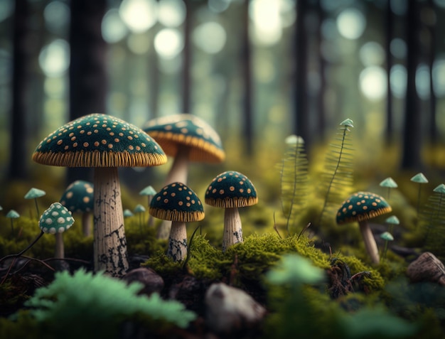 Paysage de champignons fantastique dans la forêt créé avec la technologie Generative AI
