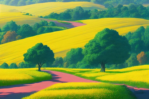 Photo paysage avec des champs jaune-vert sans fin et des arbres une route sablonneuse sous un ciel bleu avec des nuages duveteux illustration 3d