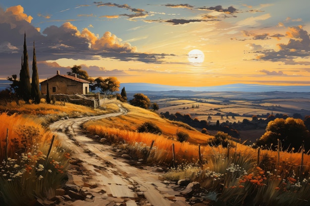 Photo paysage des champs de toscane au coucher du soleil heures d'or illustration d'art mural