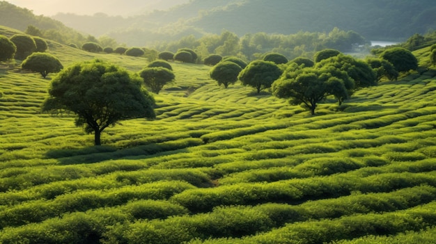 Paysage avec des champs verts par une journée claire et ensoleillée