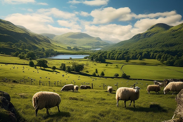 Un paysage charmant avec des collines vallonnées et des moutons qui paissent