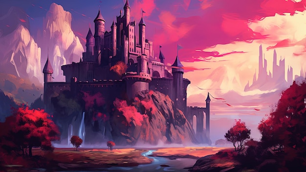 Paysage avec château fantastique Illustration avec fond de dessin animé du royaume du château magique