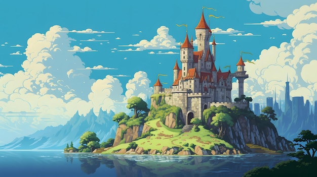 Paysage d'un château de style architecture fantastique haut dans les montagnes 8 Bits Pixel art