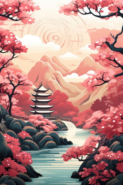 Paysage chinois montagnes maisons monumentales dans la nature Illustration générative ai