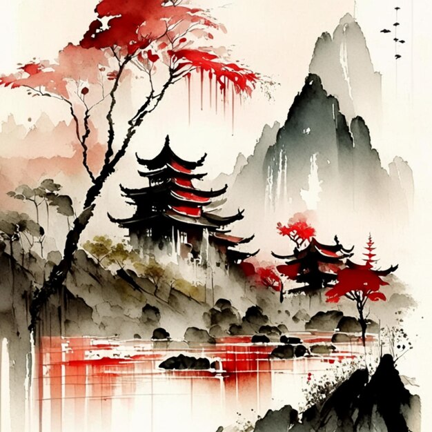 Photo paysage chinois et paysage naturel dans le style de l'aquarelle