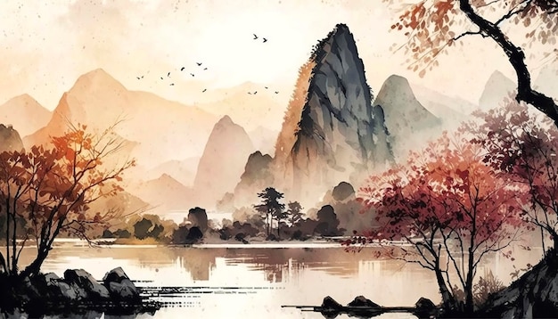 Paysage chinois et paysages naturels dans l'image générée par la technologie AI de style aquarelle