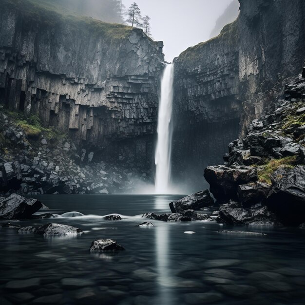 Le paysage des chutes d'eau Moody en cascade nuageuse