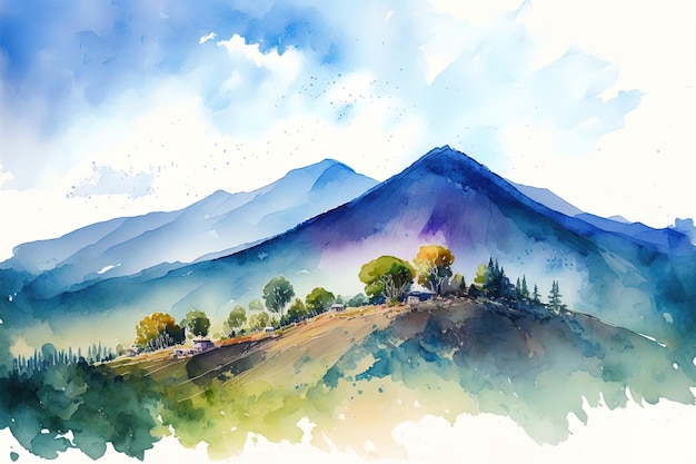 Paysage avec un ciel bleu montagnes et collines à l'aquarelle