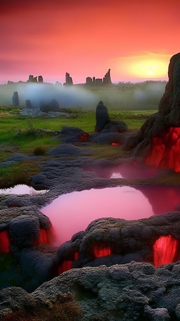 Un paysage avec un ciel rose et un volcan au loin.