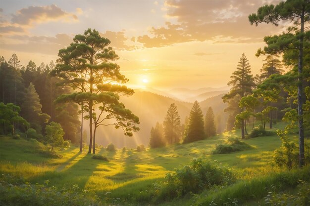 paysage de colline verte forêt de montagne arrière-plan avec la vue du lever du soleil généré par ai