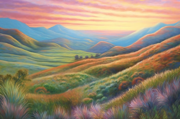 Paysage avec collines colorées et prairies au coucher du soleil Peinture numérique