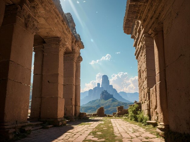 Un paysage avec des colonnes et une montagne en arrière-plan