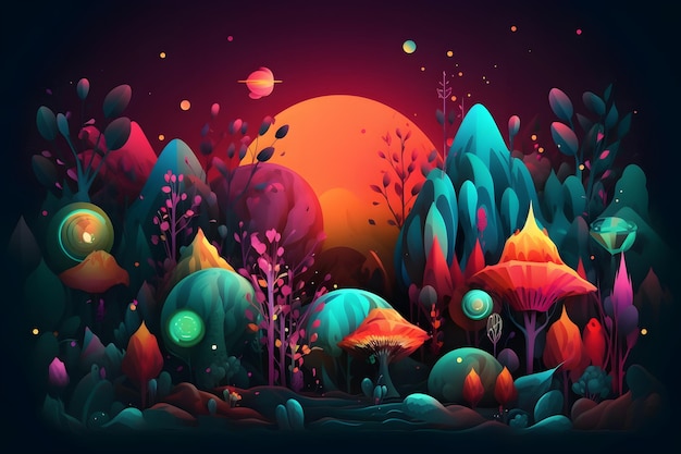 Paysage coloré avec des arbres, des champignons et la pleine lune en arrière-plan Generative AI