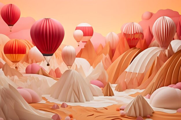 paysage coloré avec des ballons en papier orange et rose