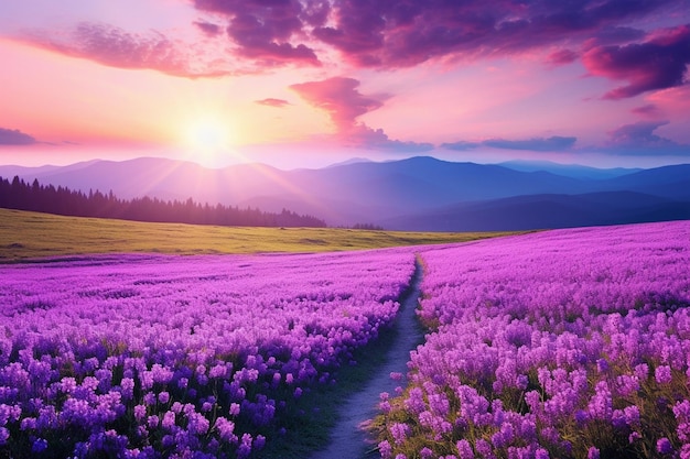 Un paysage coloré avec un champ de fleurs devant une montagne