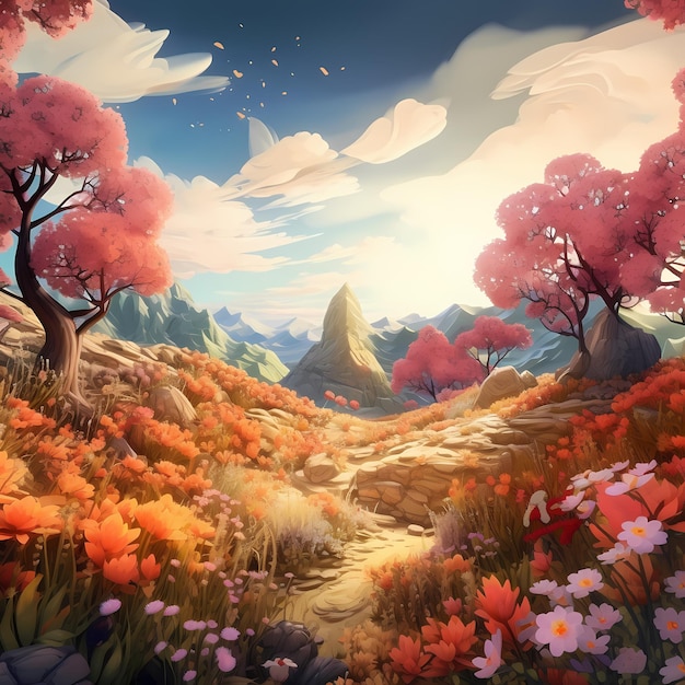 Un paysage coloré avec un chemin et des arbres et des montagnes.
