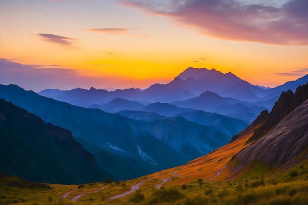 Paysage coloré du coucher de soleil avec des silhouettes de grandes montagnes rocheuses et une gorge profonde épique au Daghestan