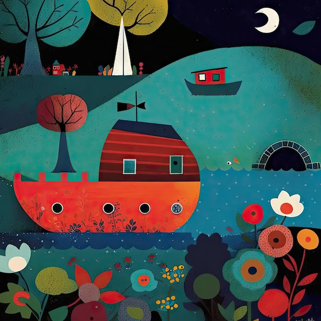 Photo paysage coloré avec une maison étang bateau et poisson art dessin imitation abstraite générative ai illustration