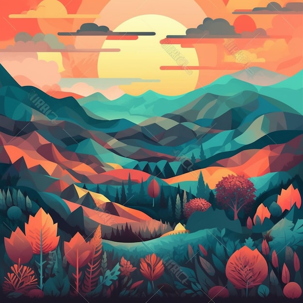 Paysage coloré avec une montagne et des arbres.