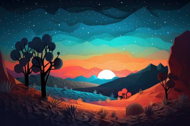 Un paysage coloré avec des montagnes et un arbre et le soleil