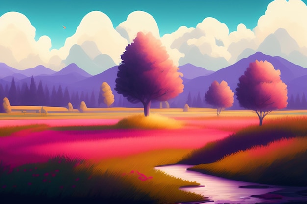 Un paysage coloré avec des montagnes et des arbres en arrière-plan.