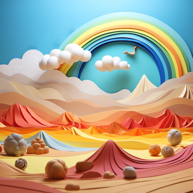 un paysage coloré avec des montagnes et un arc-en-ciel