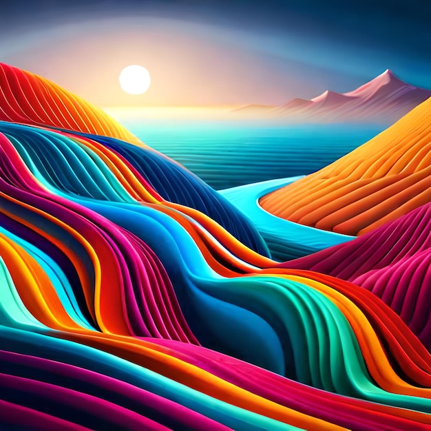 Un paysage coloré avec des montagnes et une rivière en arrière-plan.