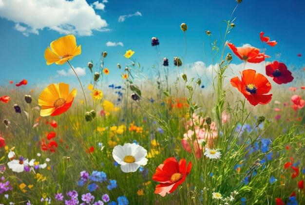 Paysage coloré de prés de fleurs naturelles avec un ciel bleu en été et au printemps