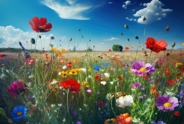 Paysage coloré de prés de fleurs naturelles avec un ciel bleu en été et au printemps