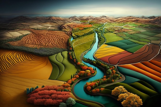 Un paysage coloré traversé par une rivière.