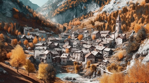 Un paysage coloré avec un village dans les montagnes.