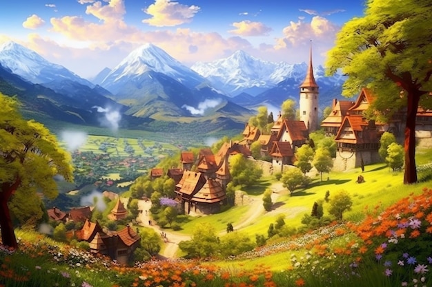Paysage de conte de fées avec un village dans les montagnes Peinture numérique