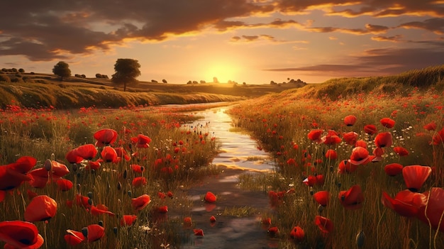 Paysage de coquelicots rouges dans un champ au coucher du soleil Golden sky river Créé avec l'aide d'artificiel