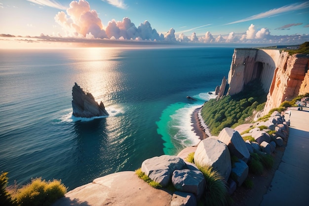 Un paysage d'une côte rocheuse avec un ciel bleu et des nuages