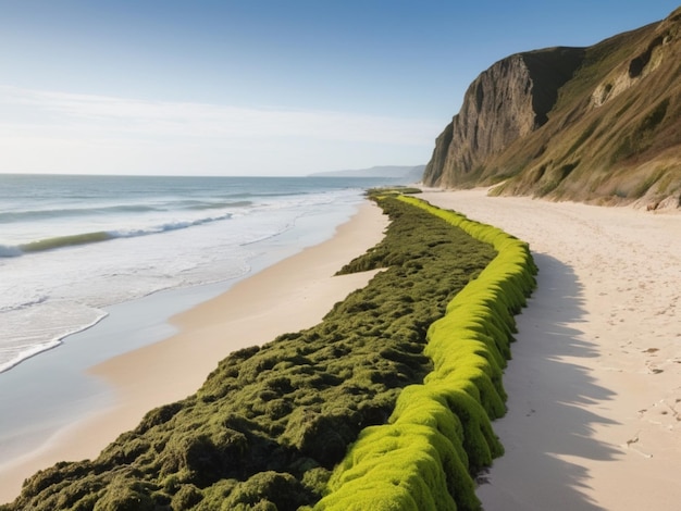 Un paysage côtier avec des algues vertes formant une frontière le long de la rive sablonneuse