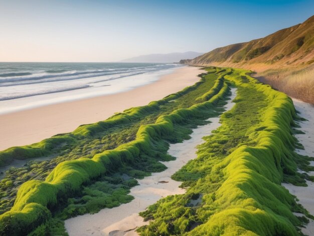 Un paysage côtier avec des algues vertes formant une frontière le long de la rive sablonneuse